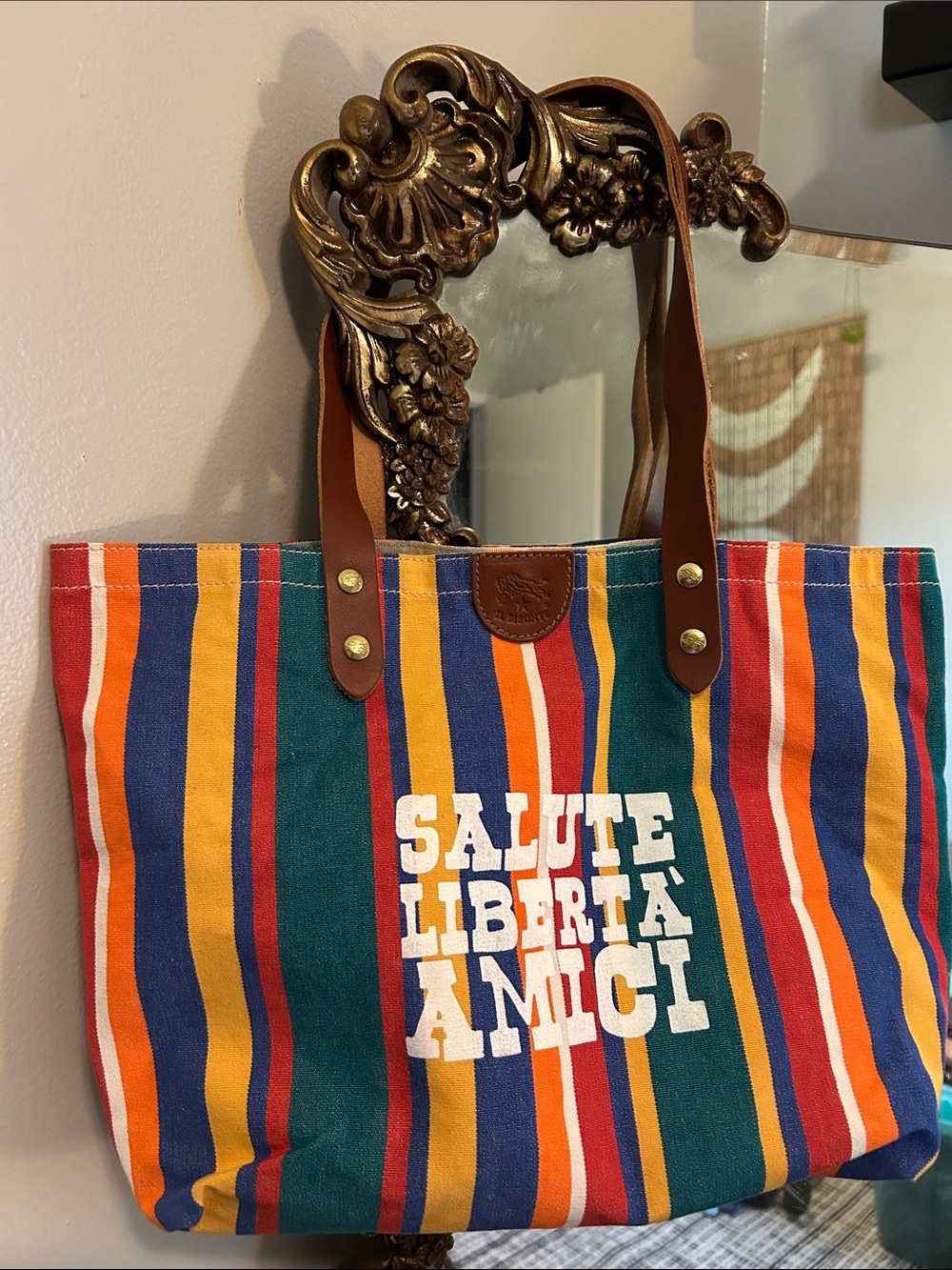 Il Bisonte Multicolor Striped Canvas Tote with Brown Leather Handles